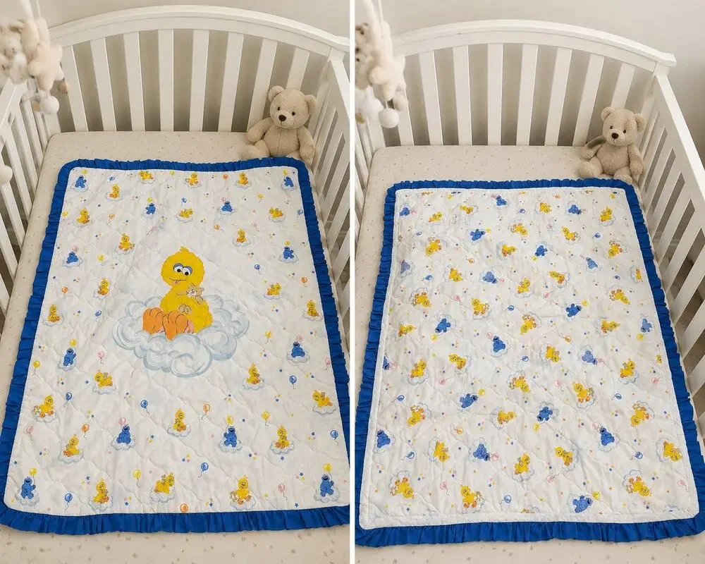 Vintage 1980s Sesame Street Big Bird Cookie Monster Handmade Baby Quilt